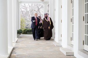 File - President Donald Trump walks with Mohammed bin Salman bin Abdulaziz Al Saud, Deputy Crown Prince and Minister of Defense of the Kingdom of Saudi Arabia, along the West Colonnade of the White House, Tuesday, March 14, 2017.