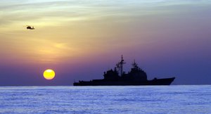 File - The guided-missile cruiser USS Chosin patrols the Gulf of Aden in support of counter-piracy operations off the coast of Somalia.