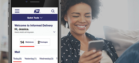 Image of a woman checking her phone beside image of phone displaying the Informed Delivery application.