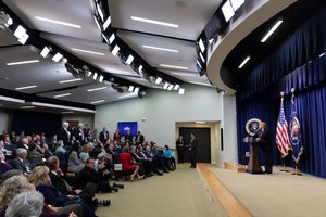 President Donald J. Trump delivers remarks at the White House State Leadership Day conference addressing local elected officials of Alaska, California and Hawaii Tuesday, Oct. 23, 2018, in the South Court Auditorium of the Eisenhower Executive Office Building of the White House.