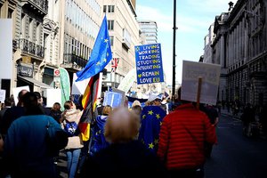 File - The pro-EU march against Brexit from Hyde Park to Westminster in London on March 25, 2017, to mark 60 years since the EU's founding agreement, the Treaty of Rome.