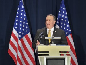 U.S. Secretary of State Mike Pompeo addresses the press at the White House Filing Center in Singapore on June 11, 2018