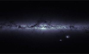 File - The outline of our Galaxy, the Milky Way, and of its neighbouring Magellanic Clouds, in an image based on housekeeping data from ESA’s Gaia satellite, indicating the total number of stars detected every second in each of the satellite's fields of view.