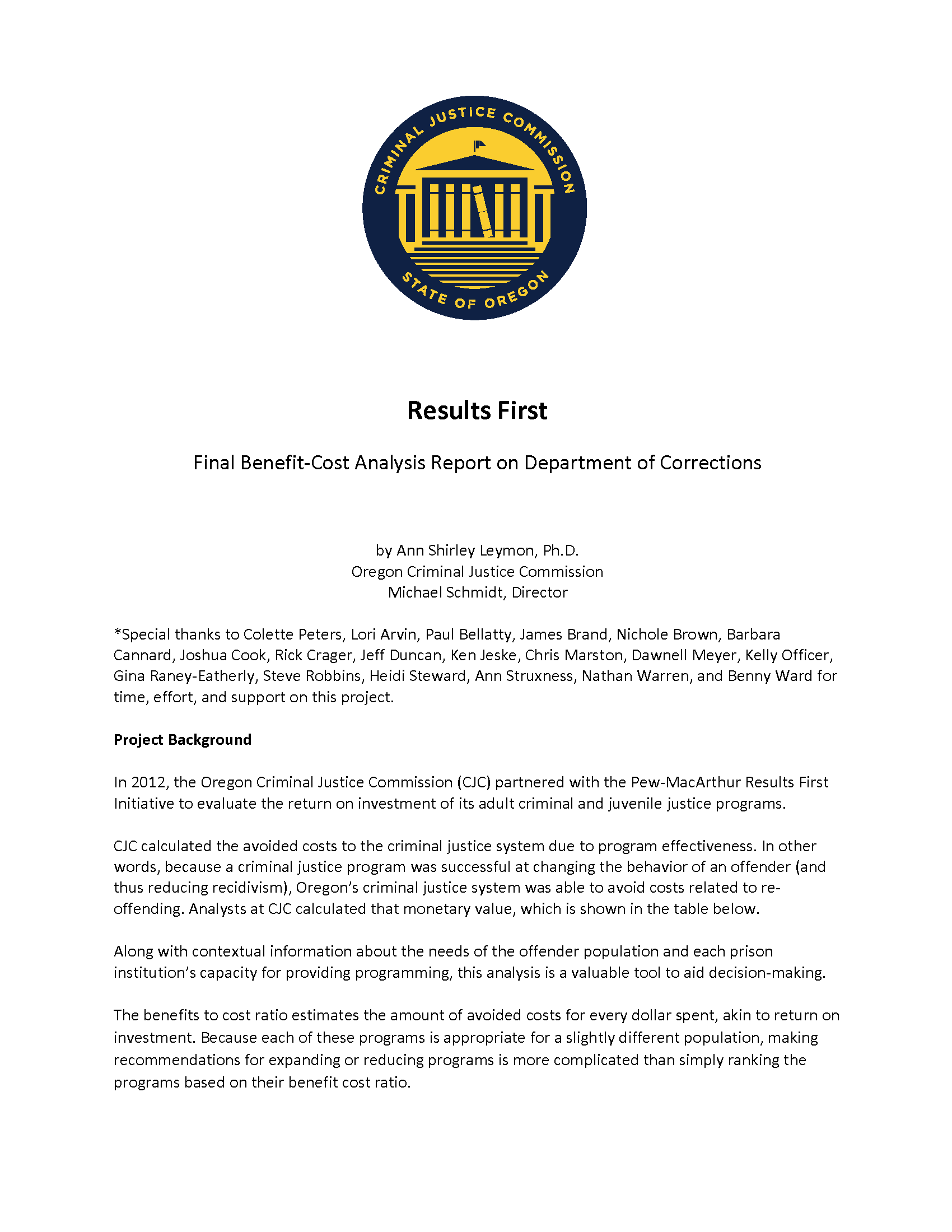 FinalBenefit-Cost Analysis Report on Department of Corrections