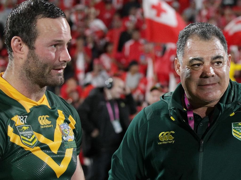 Captain Boyd Cordner (left) and coach Mal Meninga of Australia are seen following the Rugby League Test match between the Australia Kangaroos and the Tonga Mate Ma'a at Mt Smart Stadium in Auckland, New Zealand, Saturday, October 20, 2018. (AAP Image/David Rowland) NO ARCHIVING, EDITORIAL USE ONLY