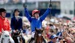 Jockey Kerrin McEvoy celebrates as he returns to the mounting yard after riding Cross Counter to victory in race 7 the Lexus Melbourne Cup, as part of the Melbourne Cup Carnival, at Flemington Racecourse in Melbourne, Tuesday, November 6, 2018. (AAP Image/Dan Himbrechts) NO ARCHIVING, EDITORIAL USE ONLY