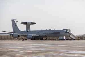 File - A NATO E-3A Sentry Airborne Warning and Control System (AWACS) aircraft sits on the tarmac in Konya, Turkey.