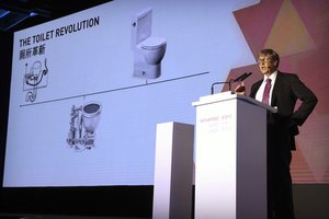 Bill Gates, former Microsoft CEO and co-founder of the Bill and Melinda Gates Foundation, speaks at the Reinvented Toilet Expo in Beijing, Tuesday, Nov. 6, 2018