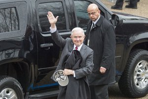 File - Senator Jeff Sessions arrives before the 58th Presidential Inauguration Parade, Jan. 20, 2017