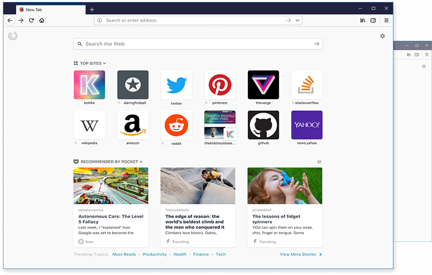 Screenshot of the redesigned Firefox new-tab page.