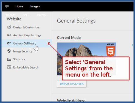 photoshelter.com - Select 'General Settings'