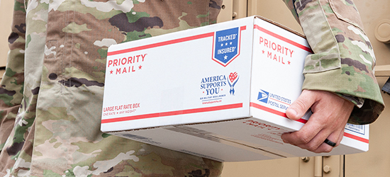 Image of military personnel carrying priority mail box.