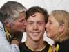 2018 AFL Draft at Marvel Stadium, Melbourne.  Riley Collier-Dawkins drafted at 20 by Richmond gets a kiss of  his mums Chris and Jacinta  . Pic: Michael Klein