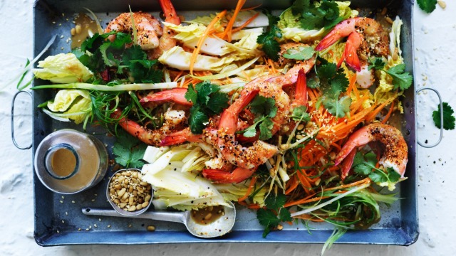 Prawn and cabbage salad with sesame dressing.