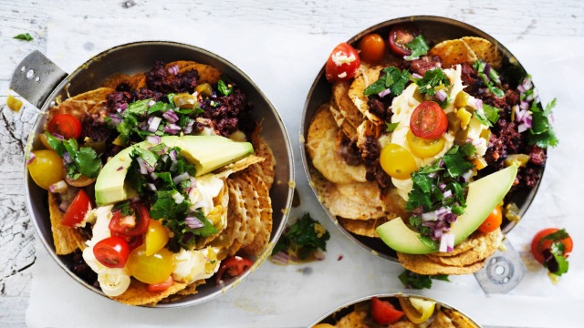 Beef nachos with coriander salsa.