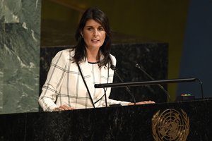 Nikki R. Haley, United States Permanent Representative to the UN, addresses the resumed tenth emergency special session of the General Assembly on: "Illegal Israeli actions in Occupied East Jerusalem and the rest of the Occupied Palestinian Territory", 13 June 2018, United Nations, New York