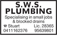 S.W.SPLUMBINGSpecialising in small jobs& blocked drainsStuartLic. 283650411162376 95639801