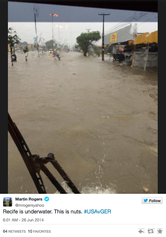 Heavy rain causes chaos in Recife before the USA-Germany game.