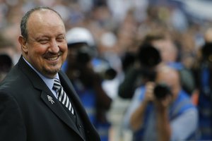 Newcastle United coach Rafael Benitez arrives for the English Premier League soccer match between Tottenham Hotspur and Newcastle United at Wembley Stadium, in London, England, Wednesday, May 9, 2018.