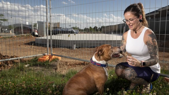 Sam Reichstein and her dog Goose play in front of a block of land that she recently bought in Throsby, one of the ACT's most expensive suburbs. Photo: Sitthixay Ditthavong