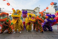 Ho Chi Minh City, Vietnam - January 27, 2017: Lion dance in the yard of Thien Hau Pagoda, Ho Chi Minh City, Vietnam