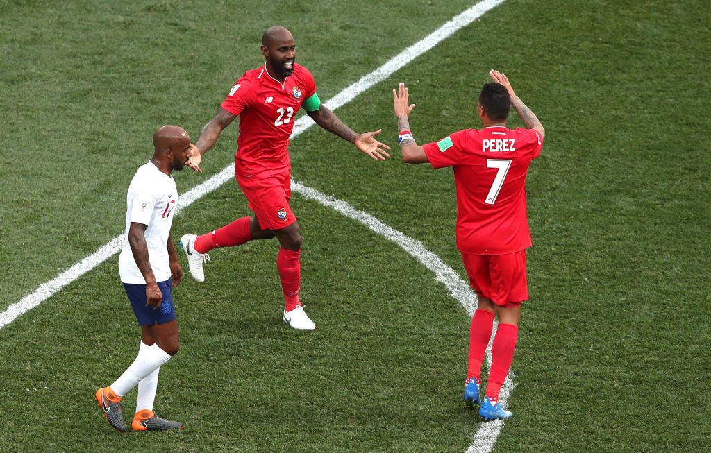 Panama's Felipe Baloy celebrates scoring against England at the 2018 FIFA World Cup Russia.