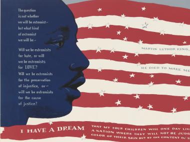 red, white, and blue poster of Martin Luther King