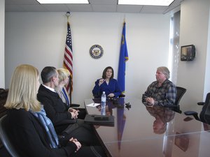 Sen. Catherine Cortez Masto, D-Nev., talks to reporters Friday, Jan. 11, 2019, in her office in Reno about the impacts of the partial government shutdown while meeting with affected workers and their spouses.