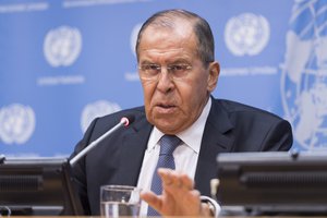 Sergey V. Lavrov, Minister for Foreign Affairs of the Russian Federation, briefs press on the margins of the general debate of the seventy-third General Assembly in New York,28 September 2018