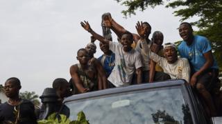 Supporters of DR Congo"s opposition leader Felix Tshisekedi, the leader of the Union for Democracy and Social Progress (UDPS) party, celebrate after he was declared the winner