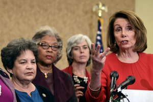 House Minority Leader Nancy Pelosi of Calif., right, speaks on Capitol Hill in Washington, Wednesday, Dec. 20, 2017, about the funding for the reauthorization of the Children's Health Insurance Program (CHIP).