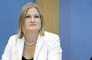 In this Monday, Oct. 15, 2018 photo Katrin Ebner-Steiner of the Alternative for Germany party attends a press conference in Berlin, Germany, the day after the state elections in the German state of Bavaria.