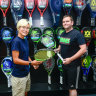 Tennis Only store manager Kieran Peake with customer Jihee Lee.