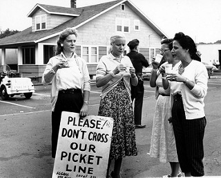 Four female members of ILGWU Local 221 drinking coffee as they picket | by Kheel Center, Cornell University Library