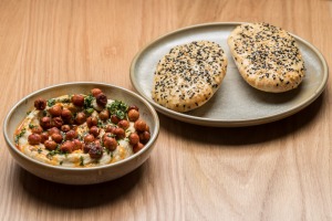 Fava bean hummus with crisp chickpeas and flatbreads.