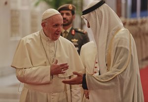 Pope Francis is welcomed by Abu Dhabi's Crown Prince Sheikh Mohammed bin Zayed Al Nahyan