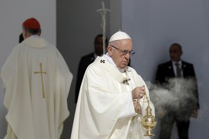 Pope Francis celebrates a mass at the Sheikh Zayed Sports City Stadium in Abu Dhabi, United Arab Emirates, Tuesday, Feb. 5, 2019.