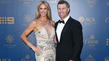 Winner: David Warner arrives at The Star with wife Candice Warner for the Allan Border Medal ceremony.