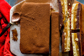 Caramel slice 2.0: Chocolate, salted cashew and caramel slab tart. Valentine's Day dessert recipes.