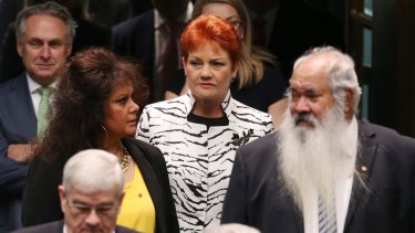 Pauline Hanson enters the House of Representatives with fellow senators last month.