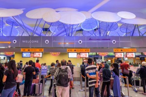 Check-in counters at the departure hall of  KLIA2. 