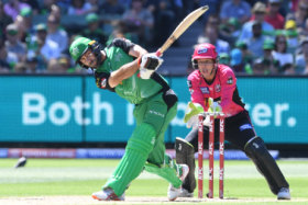 Master blaster: Glenn Maxwell takes full toll of the Sixers attack.