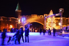 QUEBEC CITY, CANADA - JANUARY 31. Quebec Carnival 2009: Night ice skating scene from Place d'Youville.Â 