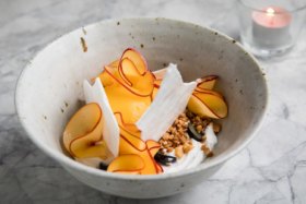 SMH GOOD FOOD. Mango, nectarine, lemon myrtle and macadamia. Paperbark, a vegan restaurant in Waterloo's Casba precinct on January 31, 2019 in Sydney, Australia.  Photo by Anna Kucera