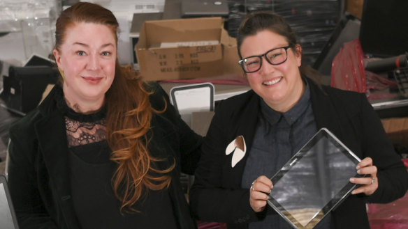 Cat Harding ( right ) and Mardi Brown, founders of PonyUp for Good at MRI E-Cycle Solutions in Camperfield.