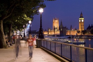 Evening view towards the Houses of Parliament from South Bank.