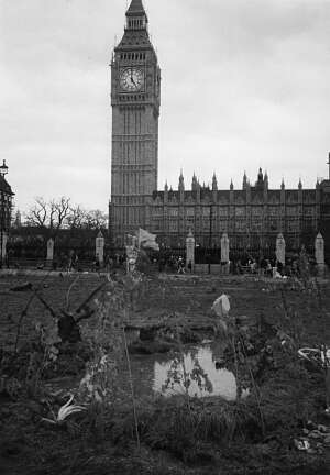 [ Photo: Parliament square with pond and trees ]