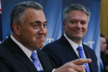 Then Treasurer Joe Hockey, and Finance minister Senator Mathias Cormann during the Budget lock-up in 2015.