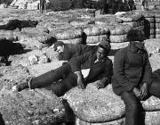 White and black dockworkers rest on cotton bales. The general strike was success