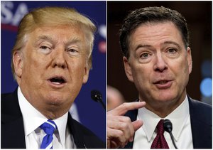 This combination photo shows President Donald Trump speaking during a roundtable discussion on tax policy in White Sulphur Springs, W.Va., on April 5, 2018, left, and former FBI director James Comey speaking during a Senate Intelligence Committee hearing on Capitol Hill in Washington on June 8, 2017.